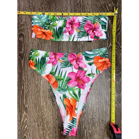 New XS‎ Tropical Retro Floral High Rise Strapless Bandeau Swimsuit Bikini - Picture 7 of 7